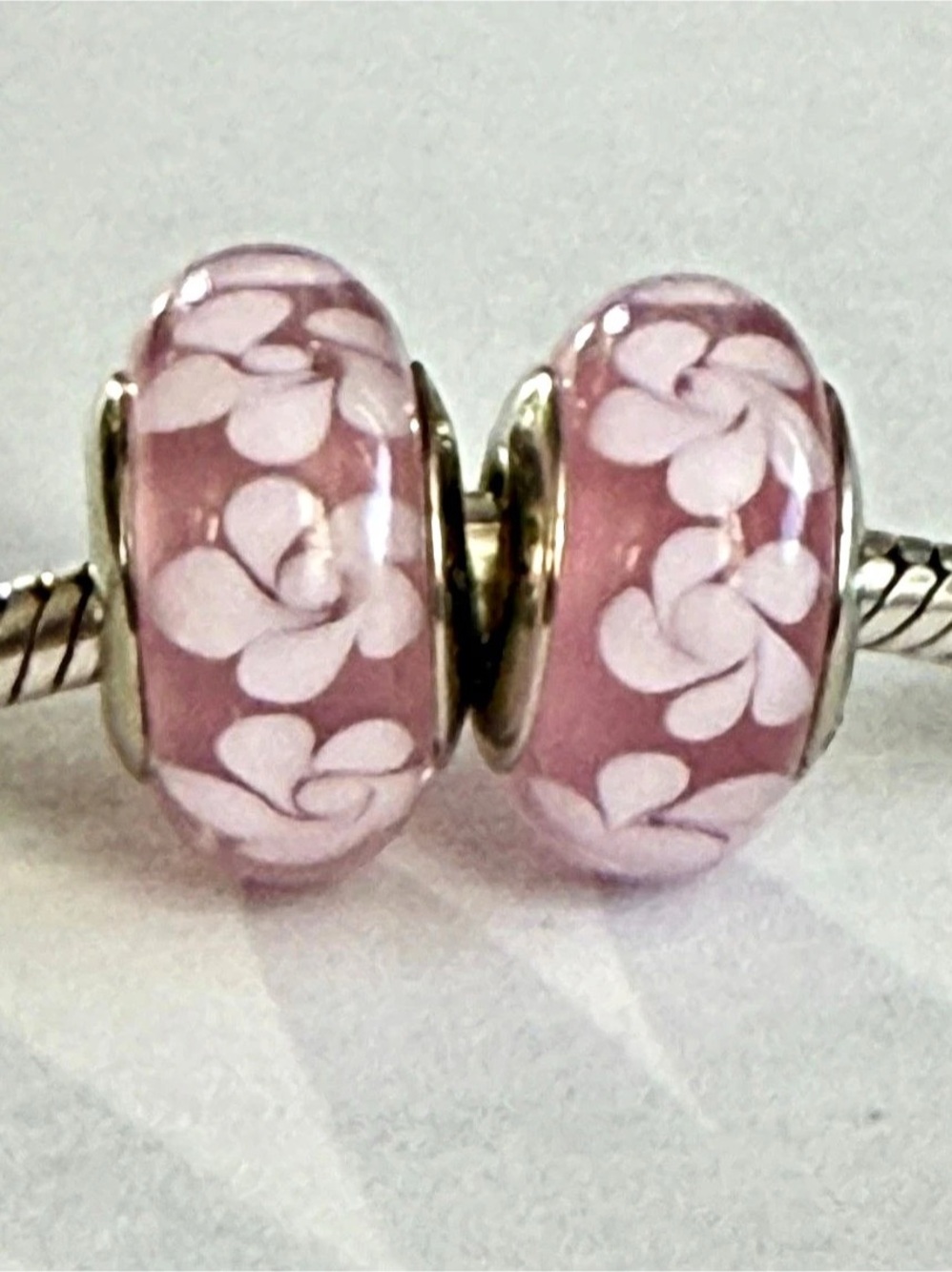 Pink Flowers Murano Glass Charms set fit Pandora bracelets